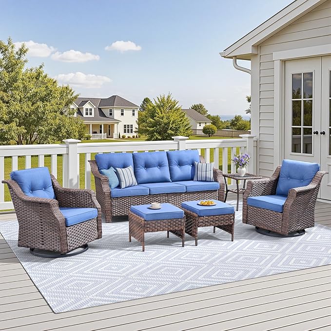 Outdoor Patio Furniture Set-6 Piece High Back Outdoor Furniture Set Sectional Sofa with Wicker Swivel Rocker Patio Chairs,Thick Cushions Ottomans for Porch Balcony Patio Deck Brown/Blue