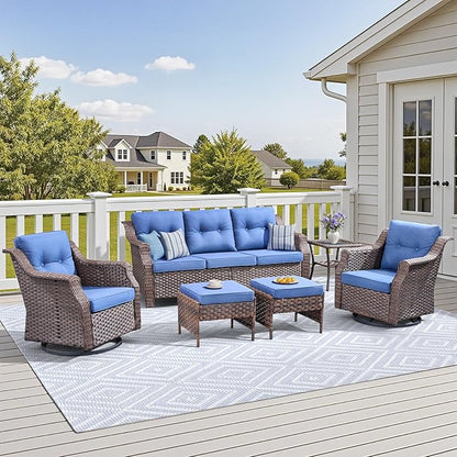 Outdoor Patio Furniture Set-6 Piece High Back Outdoor Furniture Set Sectional Sofa with Wicker Swivel Rocker Patio Chairs,Thick Cushions Ottomans for Porch Balcony Patio Deck Brown/Blue