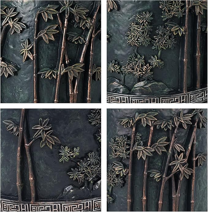 Flower Pot, 6 Inch Resin Plant Pots with Bamboo Design, Chinese Antique Style Decorative Plant Pots with Drainage for Indoor Plants Home Office Decor