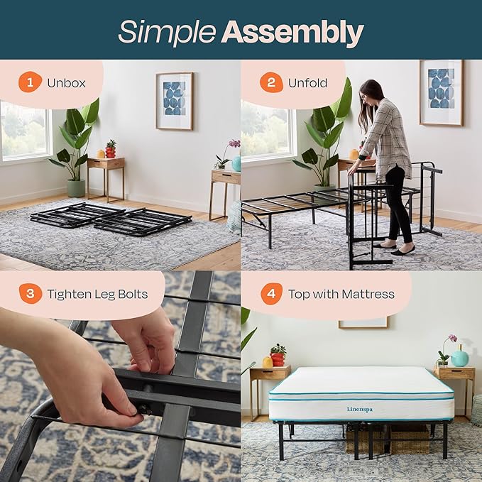 Linenspa Folding Metal Platform Bed Frame - No Box Spring Needed - Underbed Storage - Simple Toolless Assembly - Mattress Foundation - 14" High - Traditional Design - Sturdy Steel - Full Size