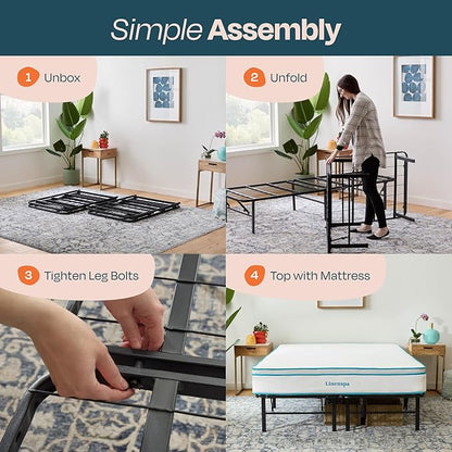 Linenspa Folding Metal Platform Bed Frame - No Box Spring Needed - Underbed Storage - Simple Toolless Assembly - Mattress Foundation - 14" High - Traditional Design - Sturdy Steel - Queen Size