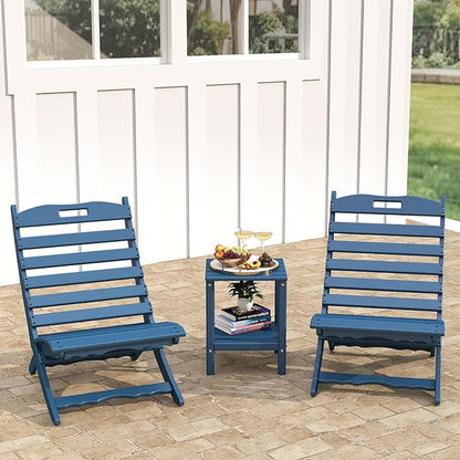 GREENVINES 3 Pieces Patio Furniture Set | Outdoor Bistro Sets for 2 | HDPE Plastic | Folding-Adirondack-Chairs-with-Side-Table | All Weather | Xavier Chair | for Porch Deck Poolside Backyard | Blue
