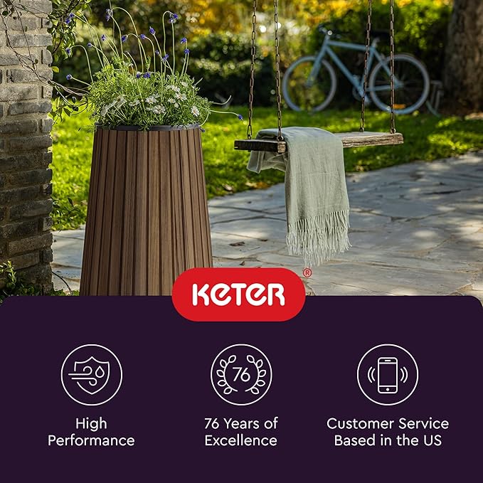 Keter Signature Conic 28.5 Inch Tall Round Large Wood Look Planter for Indoor or Outdoor Flower Pot Ideal for Patio Deck and Front Porch Decor, Rosewood