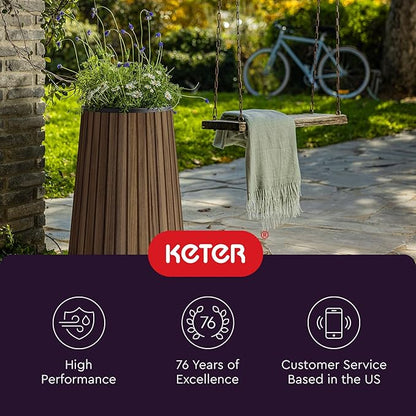 Keter Signature Conic 28.5 Inch Tall Round Large Wood Look Planter for Indoor or Outdoor Flower Pot Ideal for Patio Deck and Front Porch Decor, Rosewood