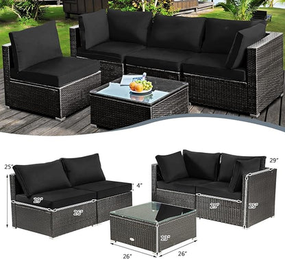 HAPPYGRILL 5 PCS Patio Furniture Set Outdoor Rattan Wicker Sofa Set with Coffee Table Sectional Sofa Conversation Set with Pillows Cushions for Backyard Porch Garden Poolside