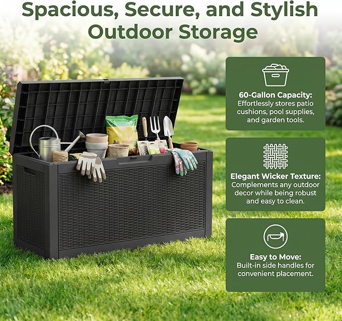 60 Gallon Deck Box, Waterproof Resin Outdoor Storage Box Lockable for Patio Furniture, Fade Resistant Patio Side Table & Organizer for Garden Tools, Pool Floats, Outdoor Cushions, Black