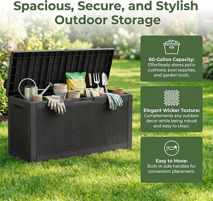 60 Gallon Deck Box, Waterproof Resin Outdoor Storage Box Lockable for Patio Furniture, Fade Resistant Patio Side Table & Organizer for Garden Tools, Pool Floats, Outdoor Cushions, Black