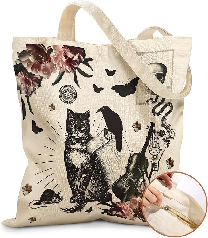 Miss Adola Canvas Tote Bag for Women – Aesthetic Canvas Bag with Zipper Cute Stylish Reusable Shoulder Totes for Shopping Work Daily Vacation, Crow Cat