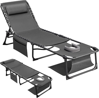 Flamaker Oversize Face Down Chaise Lounge Chair, 27 Inch Wide Foldable Outdoor Patio Chair, 5-Position Adjustable Tanning Chair with Face& Arm Holes for Sunbathing, Pool, Beach, Lawn (Grey, 1 Pcs)