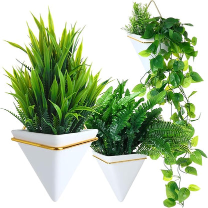 Rtteri 15 PCS Wall Hanging Planter Set with Artificial Greenery, 3 Ceramic Geometric Wall Planters in 3 Sizes, Modern Indoor Decor for Living Room Bathroom Office