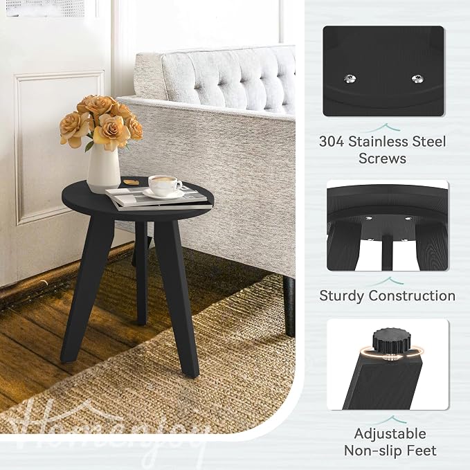 HDPS Outdoor Side Table Set of 2, Small Round Side Table Weather-Resistant, Outdoor Side Tables for Patio, Porch, Deck, End Table for Plant Stand, Living Room, Bedroom, Black