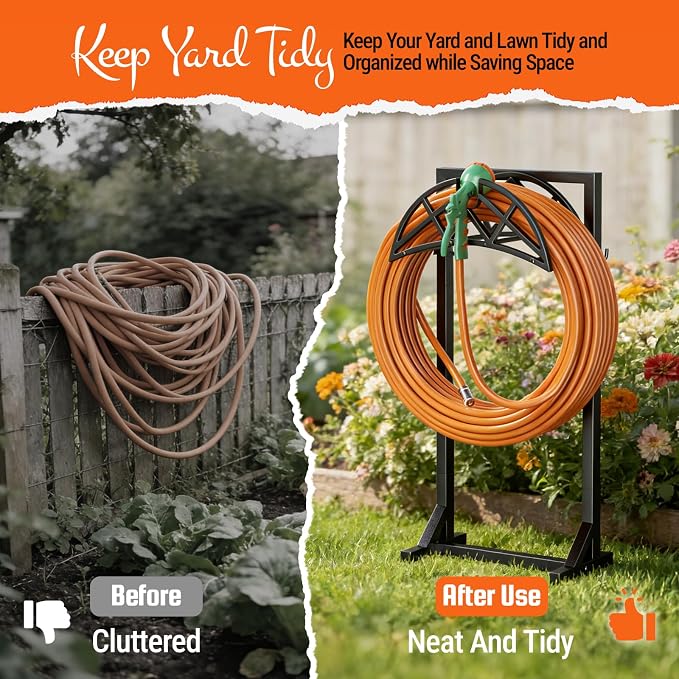 Garden Hose Holder, Heavy-Duty Metal Stand with Stable Base & 2 Tool Hooks, Freestanding Storage Rack for Outside, Holds 150ft – Hose Holders for Yard & Lawn
