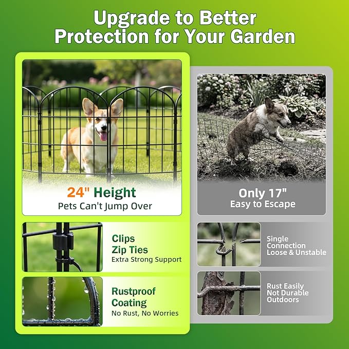 24in (H) x 11ft (L) Decorative Garden Fence Panels 10 Pack No Dig Fencing, Rustproof Metal Wire Garden Fence Border, Small Animal Barrier Fence for Dog