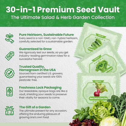 30 Heirloom Seeds Variety Pack - 18,500+ Non-GMO Seeds for Planting Vegetables, Home Garden Seeds for Hydroponic, Indoor and Outdoors Gardening, Includes Lettuce, Tomato, Cucumber Seed