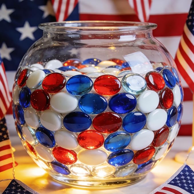 150 Pieces Red Blue White Glass Gemstone Beads Patriotic Vase Fillers Stone Independence Day Bowl Filler Gems Flat Marble Beads Glass Gem Pebbles for Home Decoration (Red Bule and White)