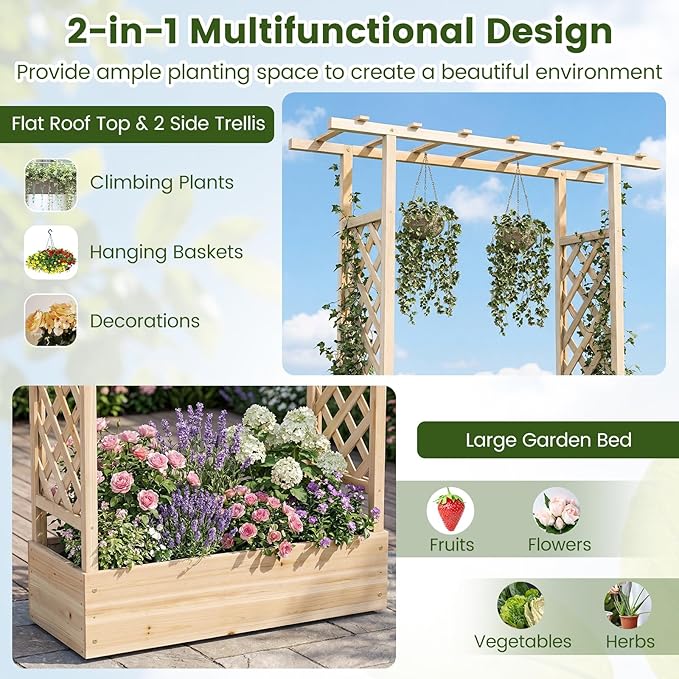 S AFSTAR Raised Garden Bed with Trellis, 2-in-1 Fir Wood Planter Box with Flat Roof & Drainage Holes, Vertical Planter Raised Bed for Climbing Plants, Flowers & Vegetables, 43" x 14" x 89" (Natural)