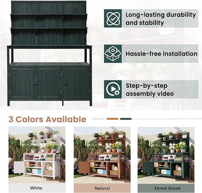 Christopher Knight Home Belfast 50.20" W Outdoor Potting Bench Table, Fir Wood Potting Table, Large Gardening Workstation with Storage Shelf, Ample Space Garden Tools Organizer for Backyard, Green