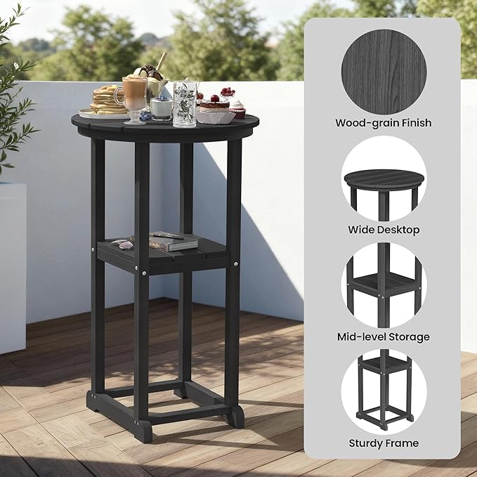 Ciokea Balcony Table and Stools 3 Pieces Set, Outdoor High Top Bar Set, HDPE 29" Bar Stools Set of 2 and Round Table for Outside Dining Bistro Poolside Backyard, Black
