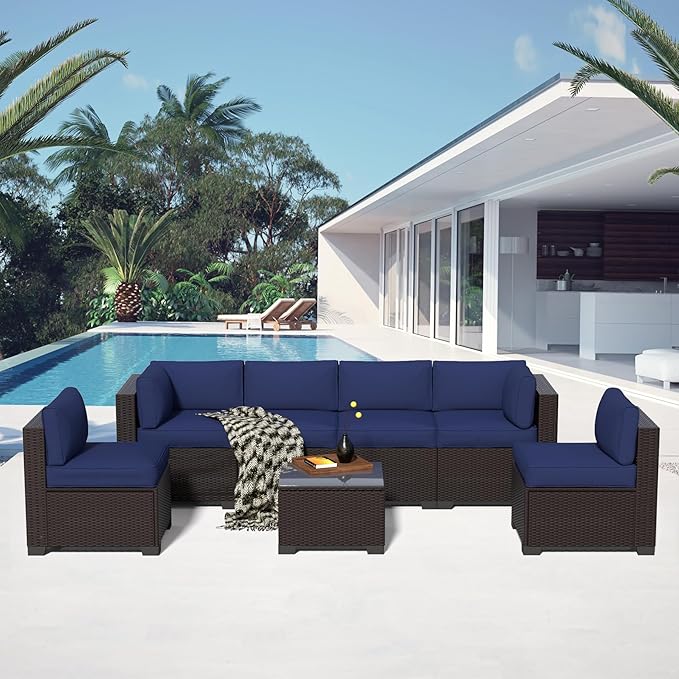 7-Piece Outdoor Sectional Patio Furniture Set, All-Weather Wicker Rattan Sofa w/Thick Washable Cushions & Tempered Glass Table, Perfect for Garden, Poolside, Backyard (7, Darkbrown&Navy Blue)