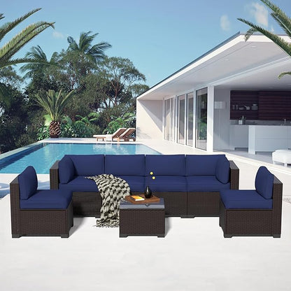 7-Piece Outdoor Sectional Patio Furniture Set, All-Weather Wicker Rattan Sofa w/Thick Washable Cushions & Tempered Glass Table, Perfect for Garden, Poolside, Backyard (7, Darkbrown&Navy Blue)