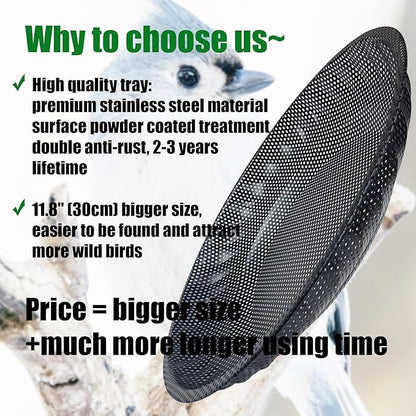 CQAIRIOU Upgraded Ground Platform Bird Feeder Tray,11.8” Stainless Steel Large Bird Feeder Mesh Seed Tray with A Exquisite Tray Station,Attract Wild Birds,Great Decoration for Garden Backyard
