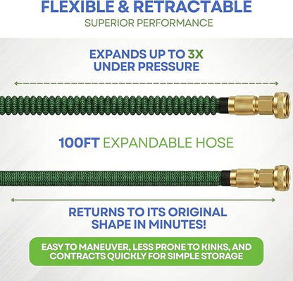 J&B XpandaHose 100ft Expandable Garden Hose – Ultra-Strong 3750D, 4-Layer Latex Core, Brass 3/4" Connectors, 10-Pattern Nozzle & Storage Bag – Lightweight, Kink-Reducing, Leak-Resistant