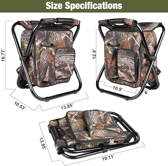 Kikerike Backpack Stool Cooler Chair Heavy Duty 300 LBS Max Load Portable Lightweight Stool Backpack Folding Fishing Cooler Seat for Camping Hunting Fishing - Woodland