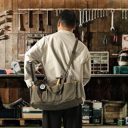 Waxed Canvas Tool Pouch,Garden Tool Bag Organizer with 8 External Pockets & Removable Handle, 15 X 9.8 X 7.8 inch Muti-Purpose Tool Bag with Adjustable Shoulder Strap | ArmyGreen