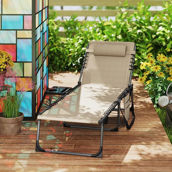 Outsunny Folding Chaise Lounge Chair Outdoor Tanning Chair Beige | Side Table, 5-Level Adjustable Beach Lounger, Headrest, Side Pocket, Patio Backyard Beach Poolside