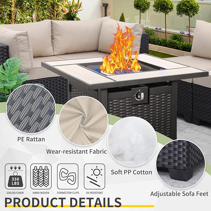 WAROOM Outdoor Patio PE Wicker 5 Piece Furniture Set, Black Rattan Sectional Conversation Sofa Chair with Square Propane Fire Pit Table, Khaki Cushion