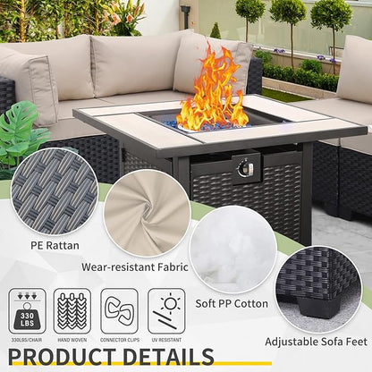 WAROOM Outdoor Patio PE Wicker 5 Piece Furniture Set, Black Rattan Sectional Conversation Sofa Chair with Square Propane Fire Pit Table, Khaki Cushion