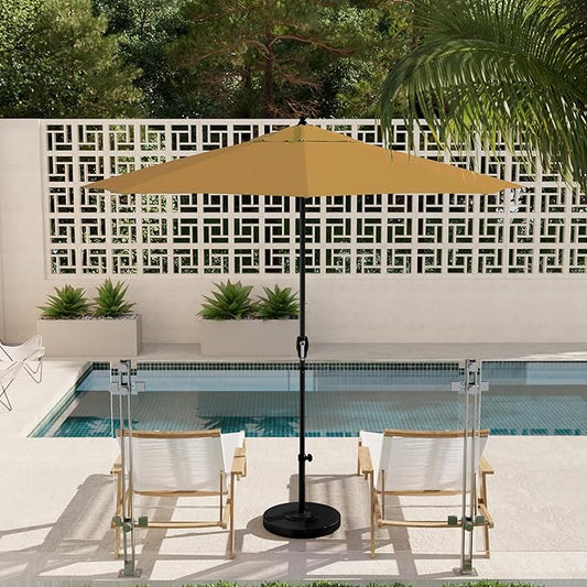 California Umbrella 9' Rd Aluminum Patio Umbrella, Crank Lift, Auto Tilt, Black Finish, Sunbrella Wheat
