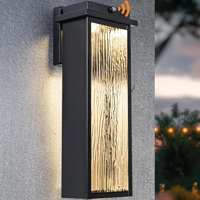 16" Black Dusk to Dawn LED Outdoor Wall Light, Large Exterior Lighting Fixture, Modern Outside Wall Mounted Porch Sconce, Waterproof Patio Lantern Lamp with Sensor, 1 Pack