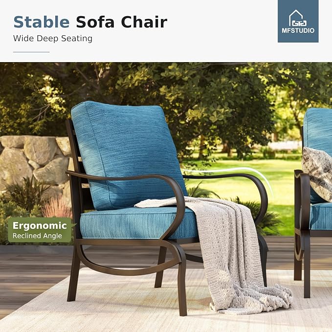 MFSTUDIO 6 Pieces Metal Patio Furniture Sets, 2 Swivel Chairs, 3-Seat Loveseat Sofa, 2 Patio Chairs & 1 Marbling Coffee Table, All Weather 7 Seats Outdoor Conversation Set for Garden, Peacock Blue