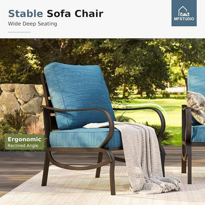 MFSTUDIO 6 Pieces Metal Patio Furniture Sets, 2 Swivel Chairs, 3-Seat Loveseat Sofa, 2 Patio Chairs & 1 Marbling Coffee Table, All Weather 7 Seats Outdoor Conversation Set for Garden, Peacock Blue