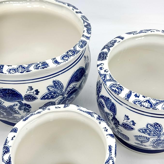 Galt International Floral Blue & White Round Porcelain Ceramic Plant Flower Planter Pot Set of 3 (8", 10", 12") Garden Pots Chinese Asian Design
