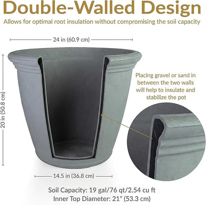 Sunnydaze 24-Inch Anjelica Large Plastic Pot for Plants - Outdoor Double-Walled Large Plastic Planter with Drillable Drainage Holes - Light Gray