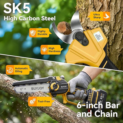 BUYJOY 4-in-1 Electric Pruning Shears & 6 Inch Pole Saw Combo, 1.8" Cutting Diameter Cordless Pruner, 2×4.0Ah Batteries, Adjustable Branch Cutter for Tree Trimming and Garden Pruning