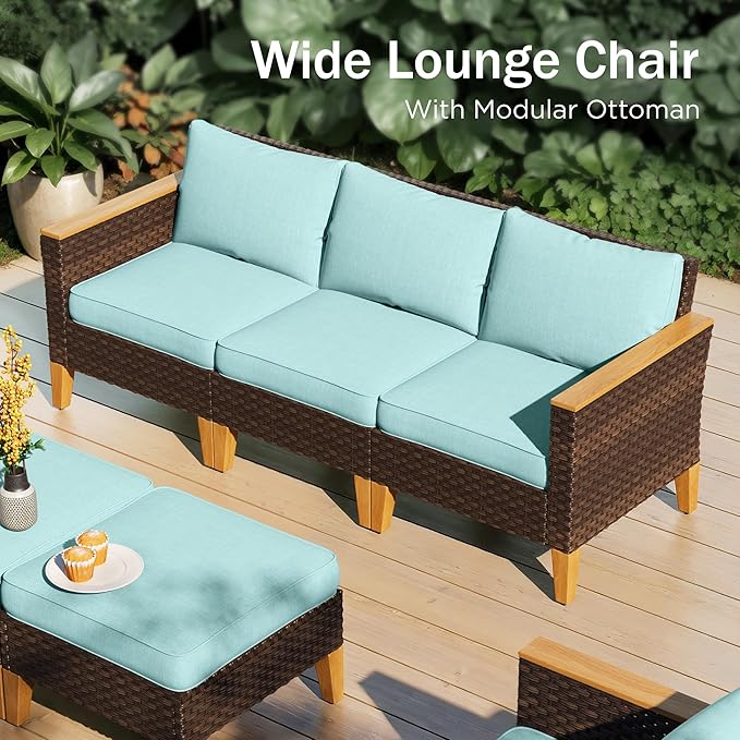 PHI VILLA 7-Piece Outdoor Wicker Patio Conversation Set, Rattan Sectional Daybed Furniture Patio Set for 7 Seats with Cushioned 3 x Armrest Chair, 2 x Ottoman and 2 x Armless Sofa, Blue