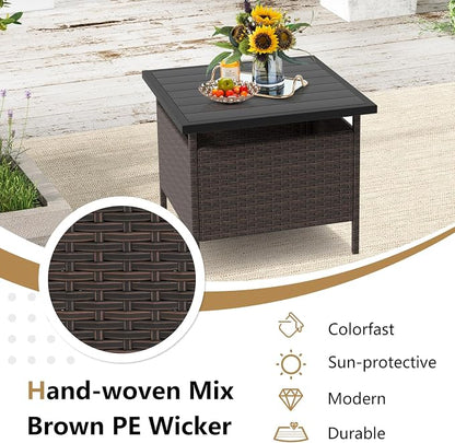 Giantex Umbrella Table, Outdoor Side Table with 2" Umbrella Hole, Rattan Umbrella Stand Holder, Heavy Duty Metal Frame, Patio Bistro Table for Deck Garden Poolside, Mix Brown (HDPE Tabletop)