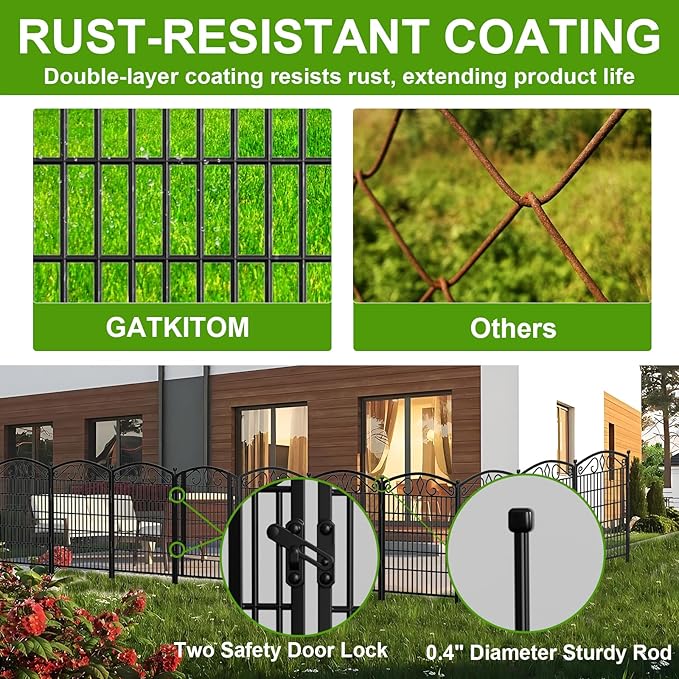 12 Panels No Dig Decorative Garden Fence with Gate, GATKITOM 31.3in(H) x 26ft(L) Rustproof Animal Barrier Metal Dog Fence Outdoor for Yard, Patio, Temporary Garden Fencing with Ground Stakes