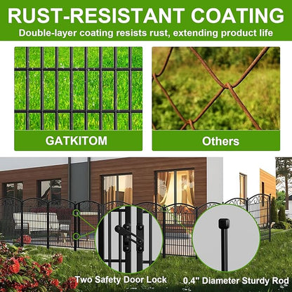 12 Panels No Dig Decorative Garden Fence with Gate, GATKITOM 31.3in(H) x 26ft(L) Rustproof Animal Barrier Metal Dog Fence Outdoor for Yard, Patio, Temporary Garden Fencing with Ground Stakes