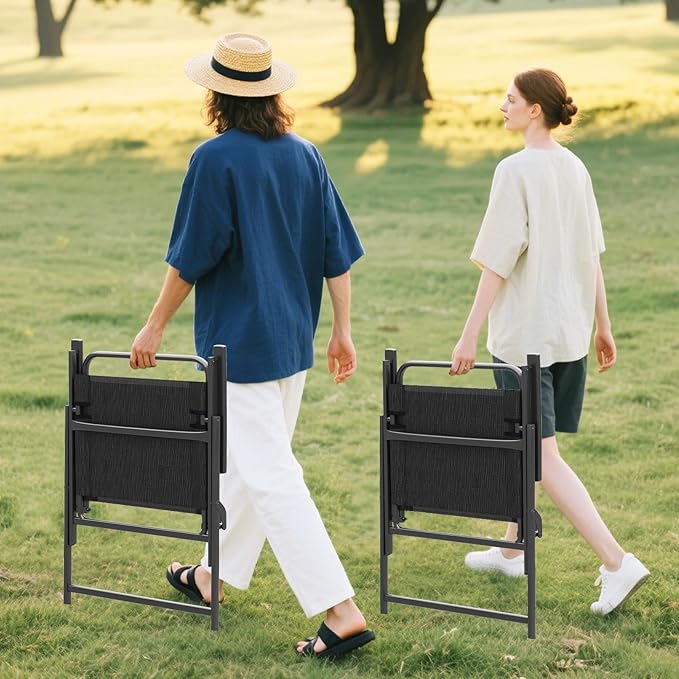 Tangkula Outdoor Folding Chairs Set of 2, Patio Dining Chairs with Breathable Fabric Seat & Cozy Armrests, Heavy-Duty Metal Frame, Portable Lawn Chairs for Backyard, Porch, Camping (2, Black)