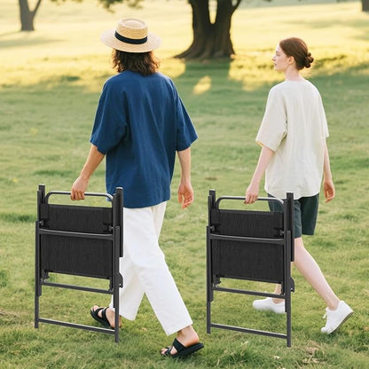Tangkula Outdoor Folding Chairs Set of 2, Patio Dining Chairs with Breathable Fabric Seat & Cozy Armrests, Heavy-Duty Metal Frame, Portable Lawn Chairs for Backyard, Porch, Camping (2, Black)