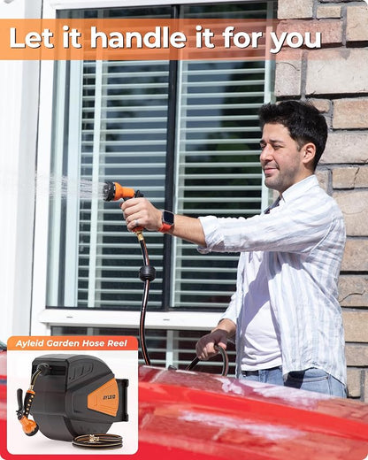 Ayleid Retractable Rubber Hybrid Garden Hose Reel, 1/2"x100ft Wall Mount | Anti-freeze, kink-free premium rubber hybrid hose, 24-month warranty, 9-pattern sprayer, any-length lock, slow auto-return.