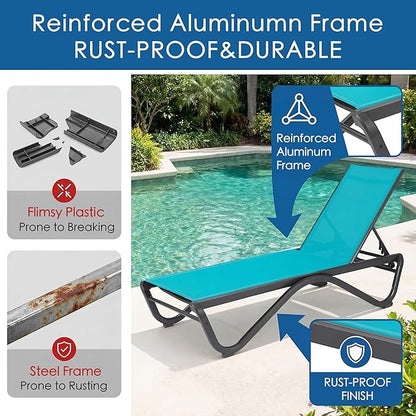 Kozyard Outdoor Chaise Lounge Chair, All Aluminum Frame, Fully Flat Adjustable Reclining Patio Lounger for Poolside, Sunbathing & Backyard, Textilene (Aqua, 2Chairs)