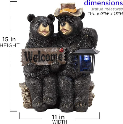 Alpine Corporation 15" H Outdoor Bear Couple with Lantern and Welcome Sign Statue with Solar LED Lights, Black