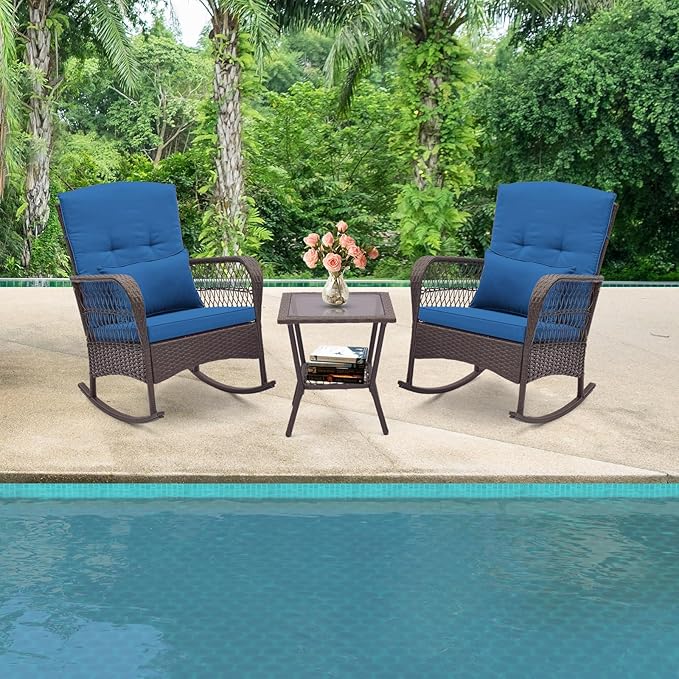 HAPPYGRILL 3 Pieces PE Rattan Rocking Bistro Set, Rocking Chairs with 2-Tier Coffee Table, Thick Pillows and Cushions, Outdoor Conversation Set for Porch, Garden and Poolside, (Navy)