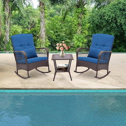 HAPPYGRILL 3 Pieces PE Rattan Rocking Bistro Set, Rocking Chairs with 2-Tier Coffee Table, Thick Pillows and Cushions, Outdoor Conversation Set for Porch, Garden and Poolside, (Navy)