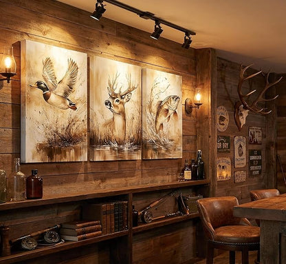 3Pcs Rustic Outdoor Wildlife Canvas Wall Art Watercolor Deer Duck And Fish Wall Decor Pictures Vintage Farmhouse Hunting Posters Prints for Living Room Bathroom Kitche Home Decoration